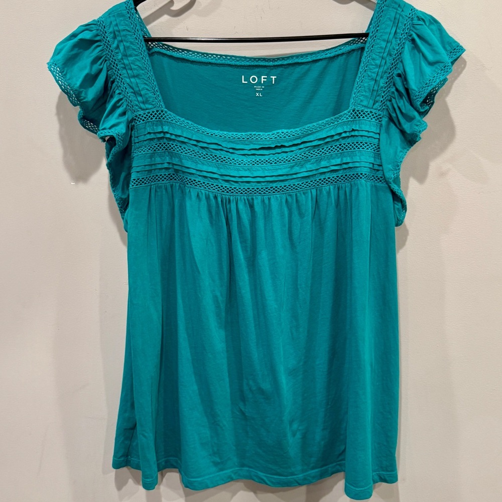 Ann Taylor LOFT Turquoise Blouse with Lace and Flutter Sleeves Women’s Size XL - Picture 4 of 14